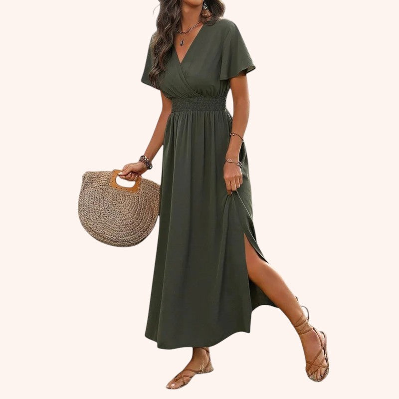 Jimena - Brava Khaki V-Cut Dress