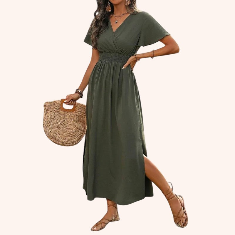 Jimena - Brava Khaki V-Cut Dress