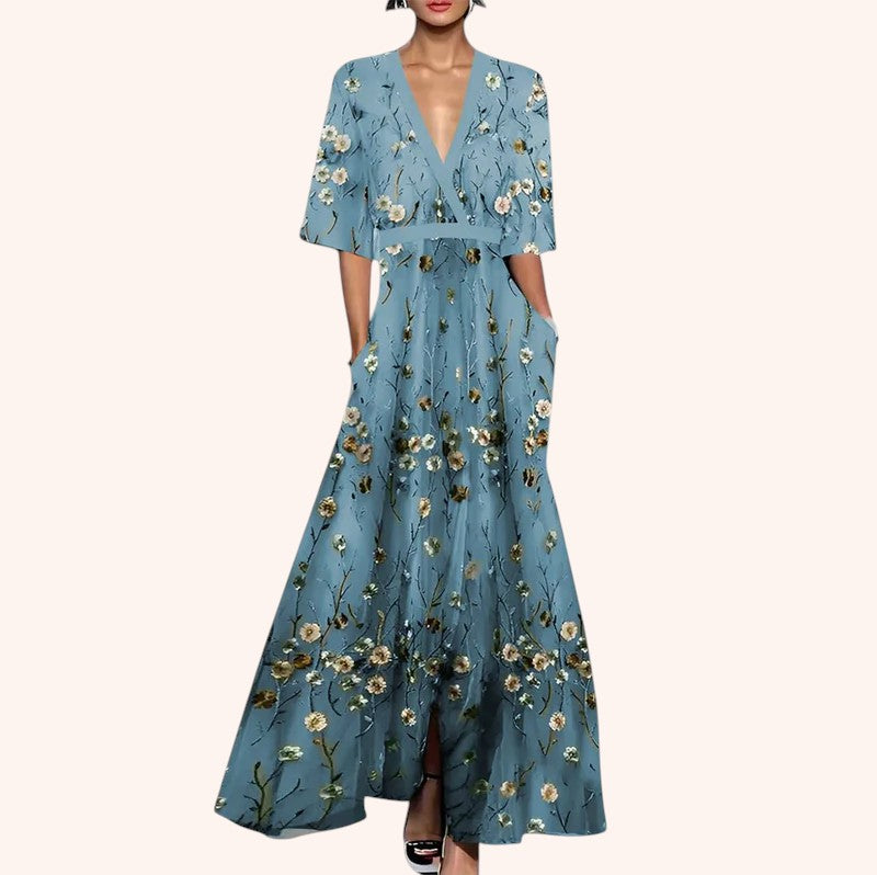 Xiomara - Flowered Blue Dress